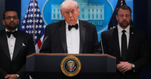 Scene of heightened security as law enforcement responds to gunfire incident during White House Correspondents’ Dinner, with President Trump escorted to safety