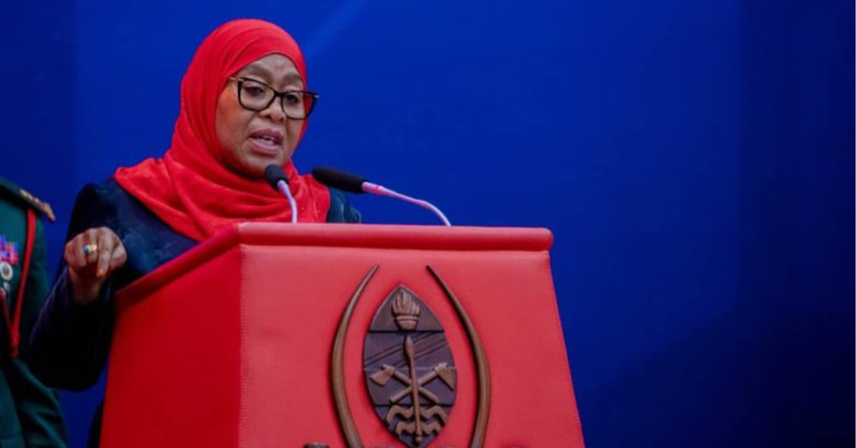 Tanzania President Samia Suluhu Hassan speaking at the Jakaya Kikwete Convention Centre during the launch of communication towers and fibre infrastructure, unveiling a new fund for youth-owned startups