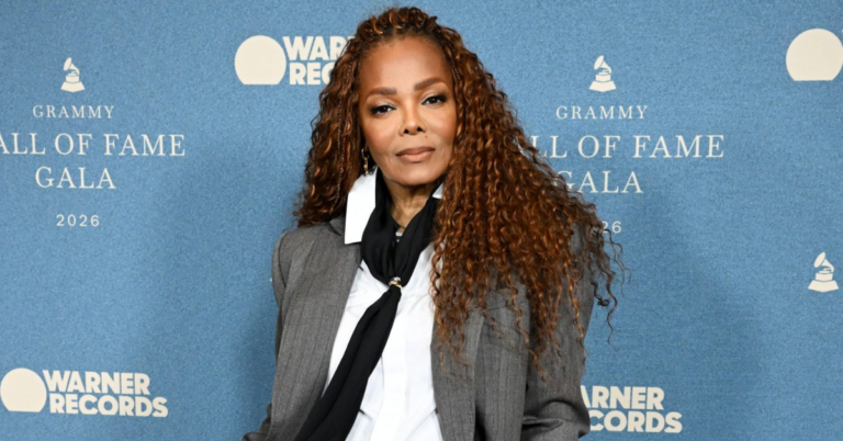 Janet Jackson performing her iconic hit Rhythm Nation during a live concert celebration of her legendary music career.