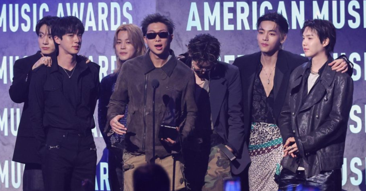 BTS celebrates after winning Artist of the Year at the 2026 American Music Awards in Las Vegas.