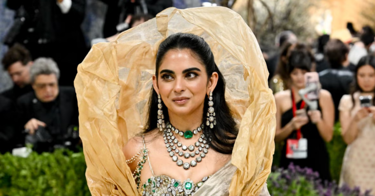 Isha Ambani at Met Gala 2026 wearing a jasmine gajra made from 600 handmade paper flowers designed by Sourabh Gupta.