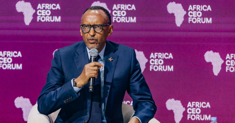 Paul Kagame speaking at the Africa CEO Forum 2026 on Africa’s economic sovereignty and resource protection.