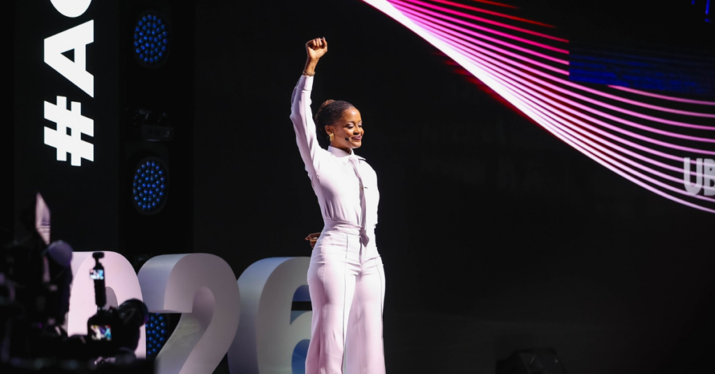 Malaika Uwamahoro performing at the Africa CEO Forum 2026 opening ceremony in Kigali, Rwanda.