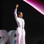 Malaika Uwamahoro performing at the Africa CEO Forum 2026 opening ceremony in Kigali, Rwanda.