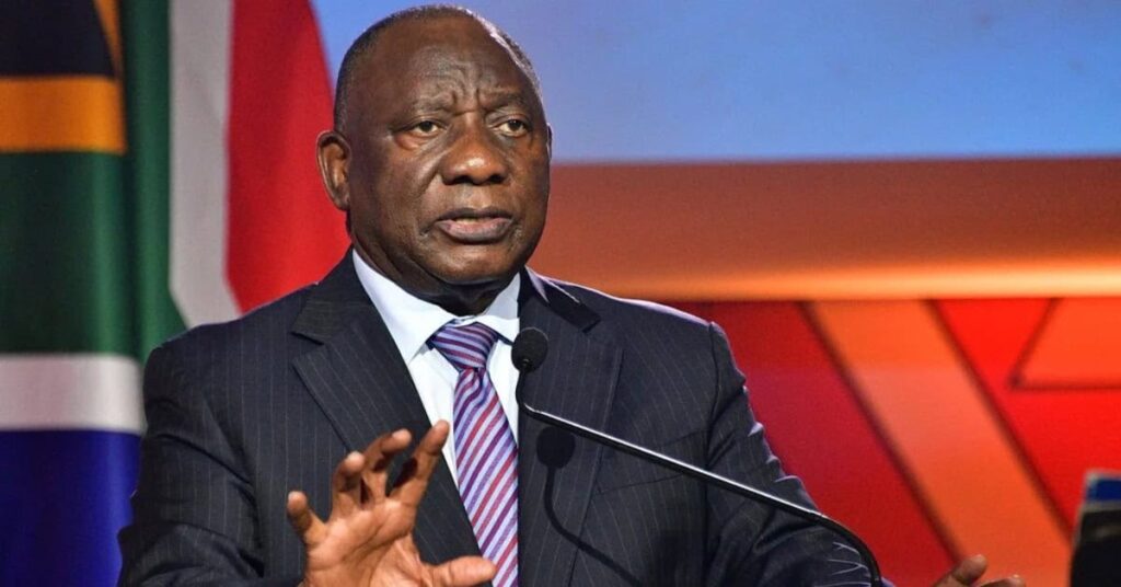 South African President Cyril Ramaphosa speaks during a televised national address amid the revived Phala Phala farmgate scandal.