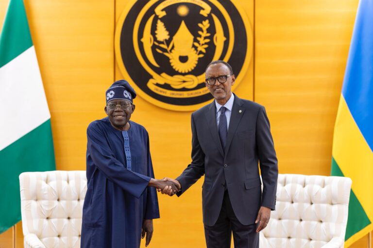 Bola Ahmed Tinubu meets Paul Kagame in Kigali during high-level talks on trade, investment, and regional integration.