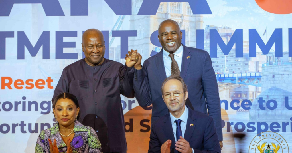 President John Mahama at the Ghana-UK Investment Summit in London following the signing of the £215 million Ghana-UK Growth Partnership agreement.