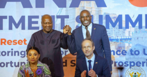 President John Mahama at the Ghana-UK Investment Summit in London following the signing of the £215 million Ghana-UK Growth Partnership agreement.