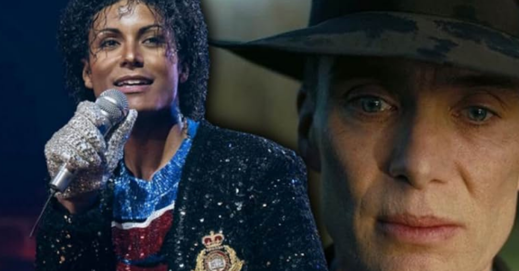 A promotional image from the Michael Jackson biopic Michael, illustrating the film’s exceptional worldwide box office success as it approaches a historic record and prepares to surpass Oppenheimer as the highest-grossing biopic ever.