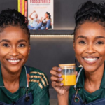 Lebo and Tebo Ndala posing in a modern kitchen during the launch of Twice as Nice – With Love From The Twins on The Home Channel.