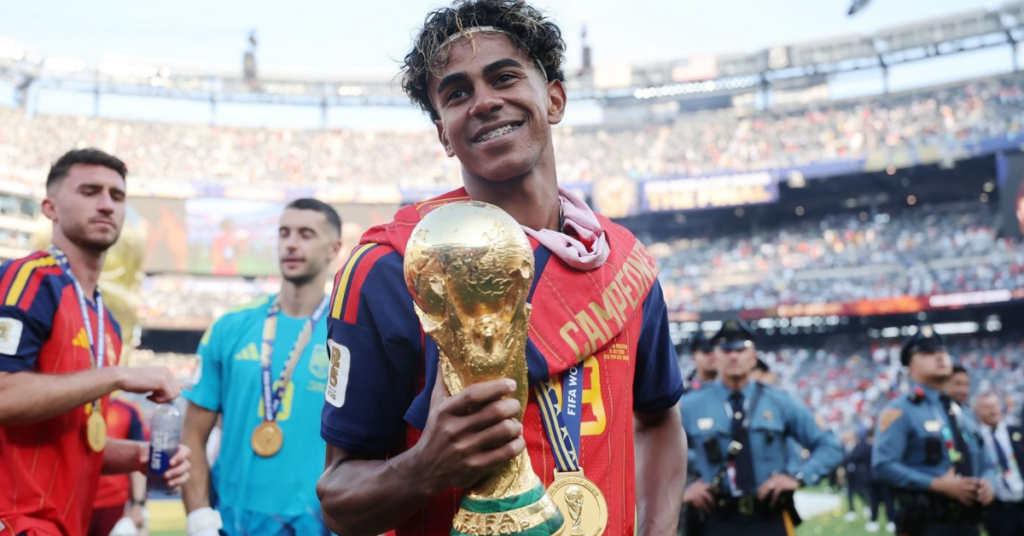 Lamine Yamal celebrates after Spain won the FIFA World Cup trophy.