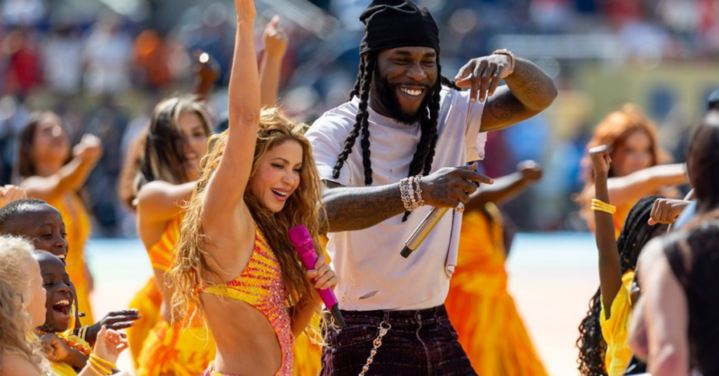Shakira performs with Tyla, Burna Boy and Ed Sheeran during her World Cup Edition concert at Barclays Center in New York City.
