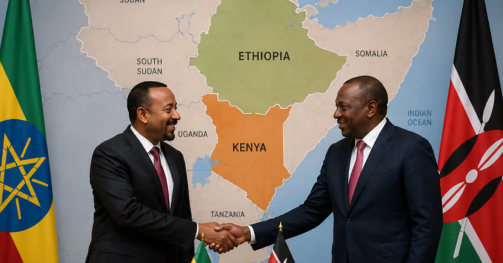 A vibrant border market featuring traders transporting livestock, grains and locally produced goods between Ethiopia and Kenya, highlighting the importance of informal commerce and the region’s move toward structured cross-border trade.